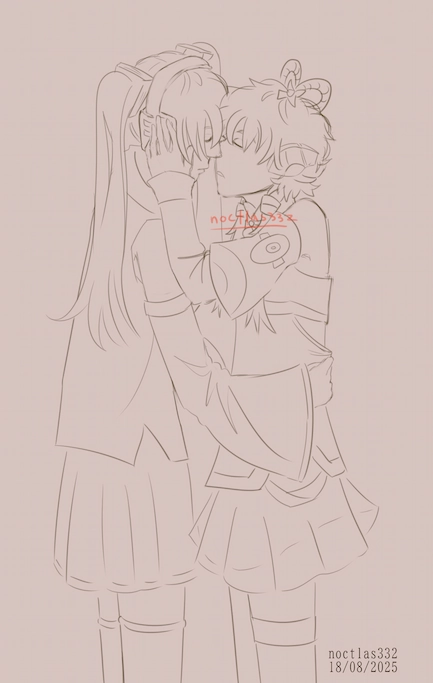 uncoloured digital sketch of vocaloids hatsune miku and luo tianyi. they can be seen from the thighs up. miku has her hands on tianyis waist, and tianyi has her hands on mikus head slash face,. both of themhave their eyes closed and they are about to kiss